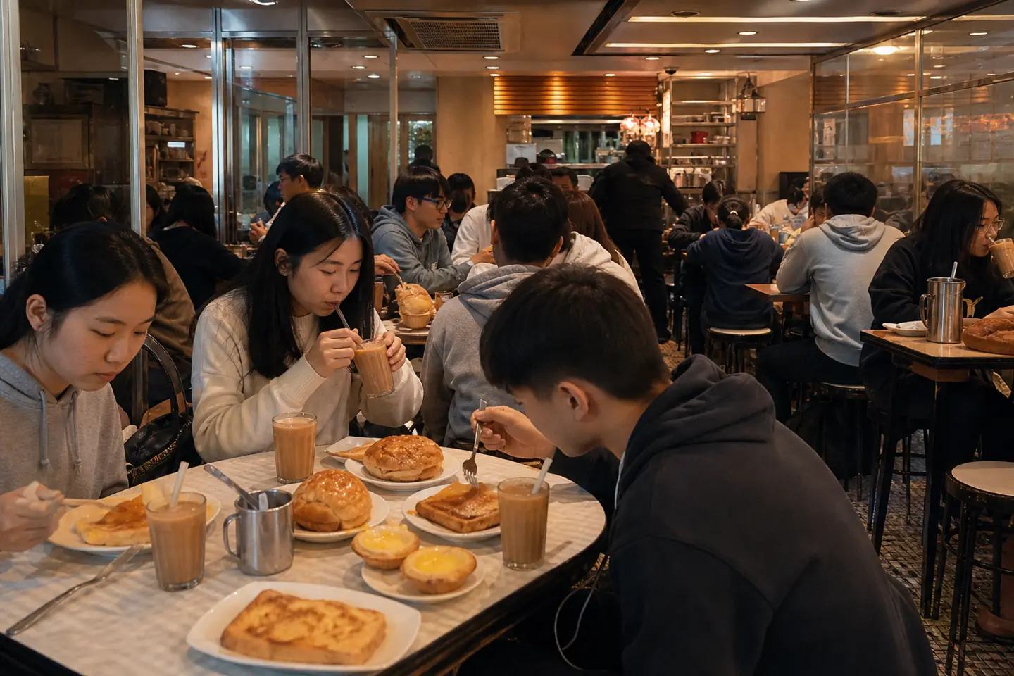 A cha chaan teng at lunch: milk tea, pineapple buns, egg tarts, French toast. Roughly HK$45 a head.